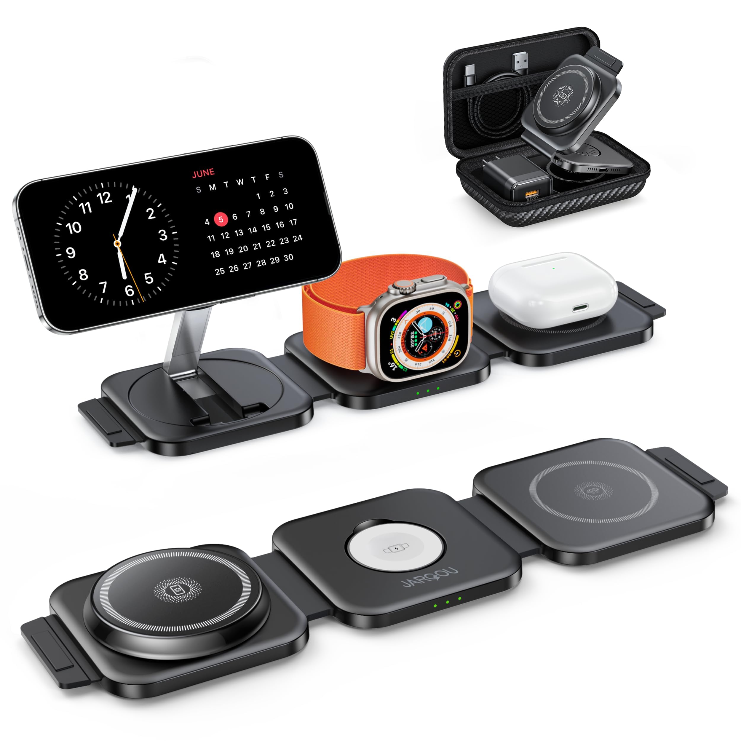 JARGOU 3 in 1 Wireless Charger,Foldable Travel Wireless Charger Station for iPhone 16/15/14/13/12 Series,Apple Watch Charger for iWatch 9/Ultra 2/Ultra/8/7/6/SE/5/4/AirPods 2/3/Pro