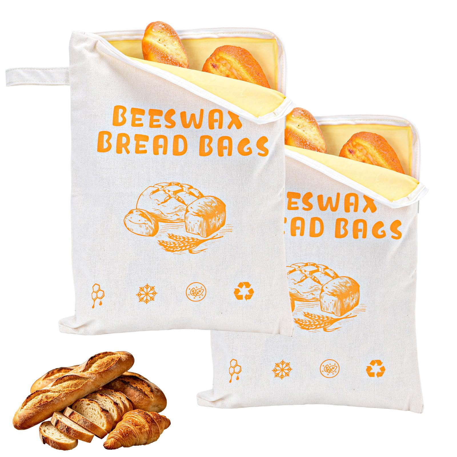 Reusable Beeswax Linen Bread Bags with Zipper, Large Capacity Freezer Safe Bread Storage Bags, Eco Friendly Sourdough Bread Keeper for Homemade Breads, Baking Gift, 2 Pack