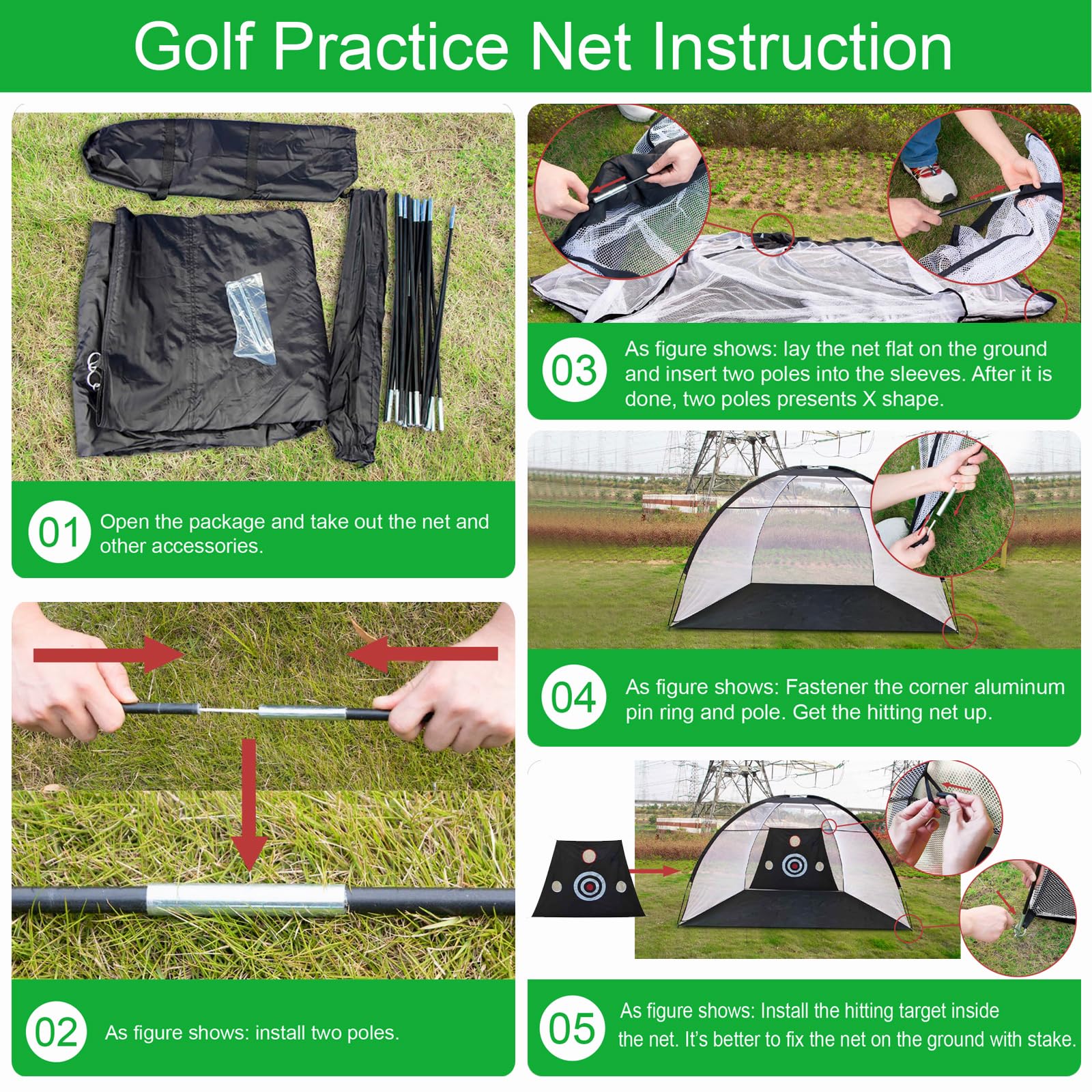 TTCB Sports Red de práctica de golf al aire libre, red de golpeo de golf de 10 x 7 pies para interiores con alfombrilla y corrector de swing para conducir en el patio trasero, astillado, accesorios de