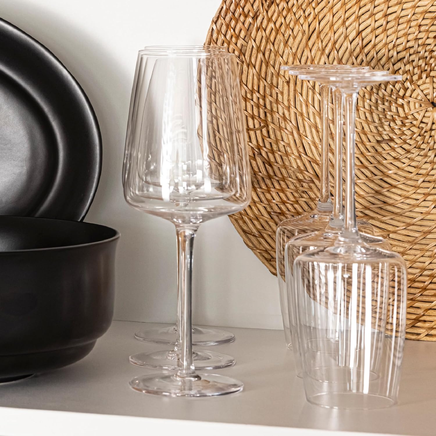 over&back 18oz Modern Glassware - Set of 4 Contemporary Stem Drinking Glasses for Parties, Get-togethers, and More - Mouth-Blown - Wine Cups for Kitchen and Dining Room - Clear