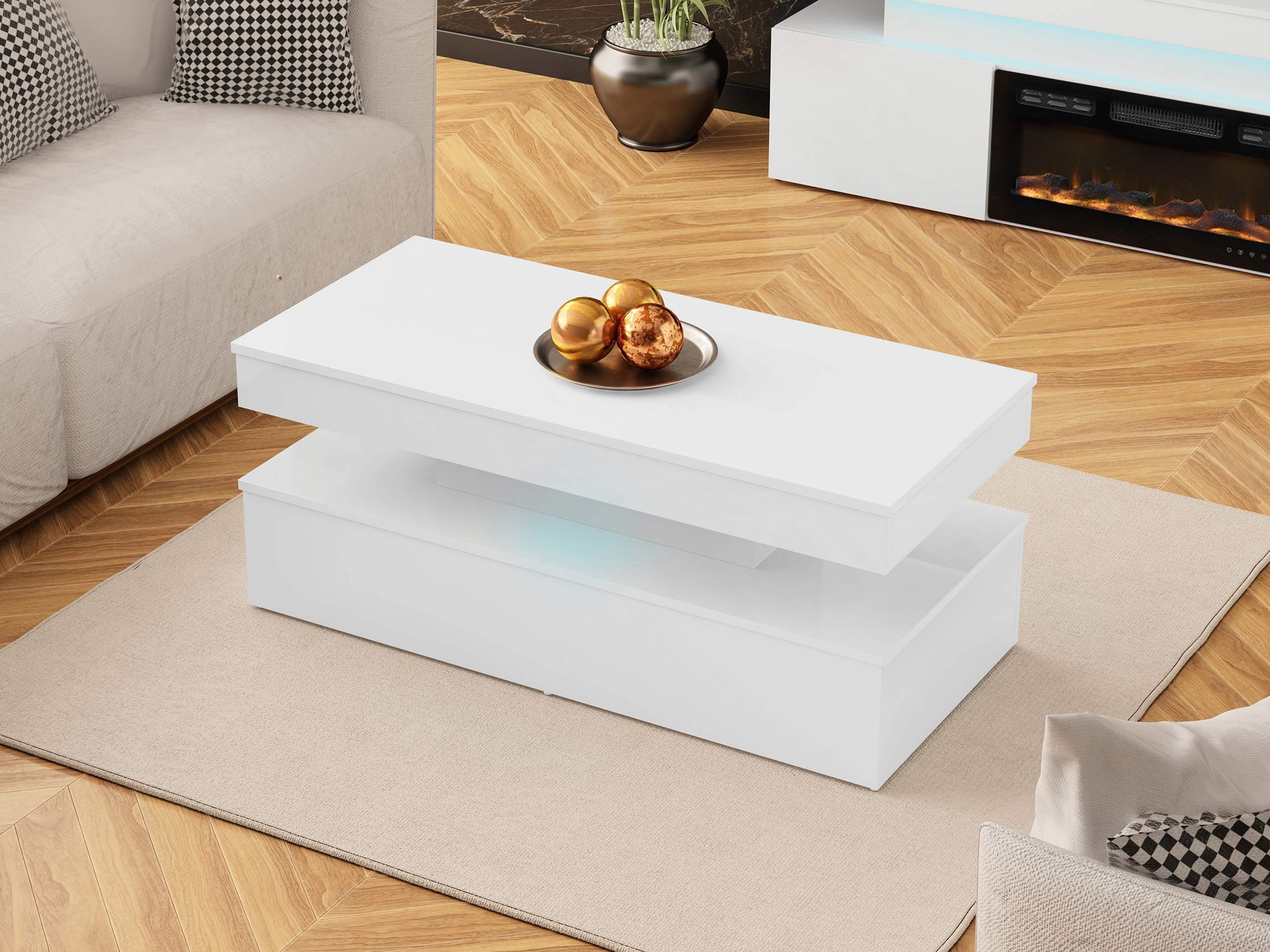 Mirjan24 Couchtisch Serkuzo 120 mit Blauer LED (Weiß Hochglanz) | Moderner Sofatisch mit Ablagefach und Antirutschfüßen, B/H/T: 120/50/55 cm