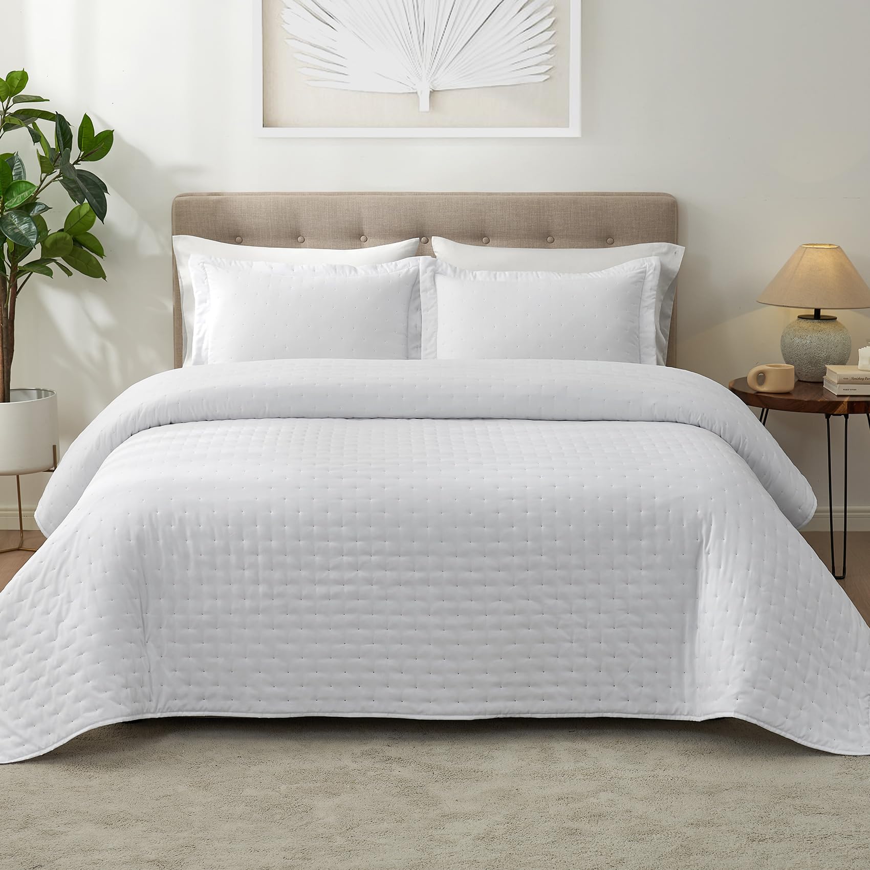 Hansleep Quilt Set Ultrasonic Lightweight Bed Decor Coverlet Set Comforter Bedding Cover Bedspread for All Season Use (White Dot, King 106x96 inches)