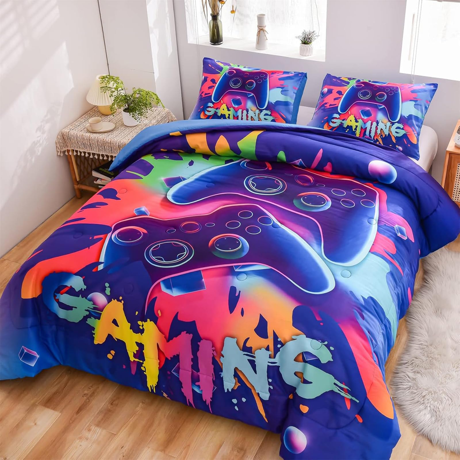 Tabeskly Boy Kids Blue Gaming Gamepad Gamer Soft Zipper Bed Bedding Duvet Cover Set Double Colorful Purple 200×200cm - Image 2