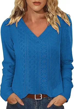 KISSMODA Long Sleeve Fall Shirts For Women V Neck Tunic Tops Embroidered Button Down Knitted Blouses 2025