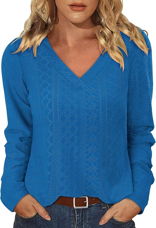 KISSMODA Long Sleeve Fall Shirts For Women V Neck Tunic Tops Embroidered Button Down Knitted Blouses 2025