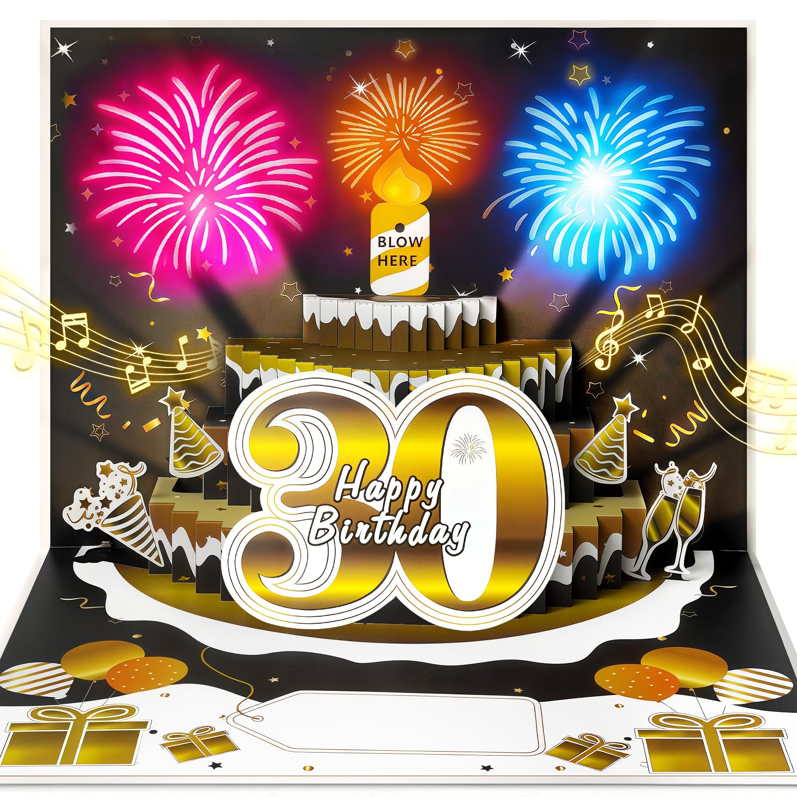 YianHien Musical Birthday Card, 30th Birthday Card with Blowable Candle & Light Up Fireworks, 3D Pop Up Singing Cards Decorations, 30th Gifts for Men