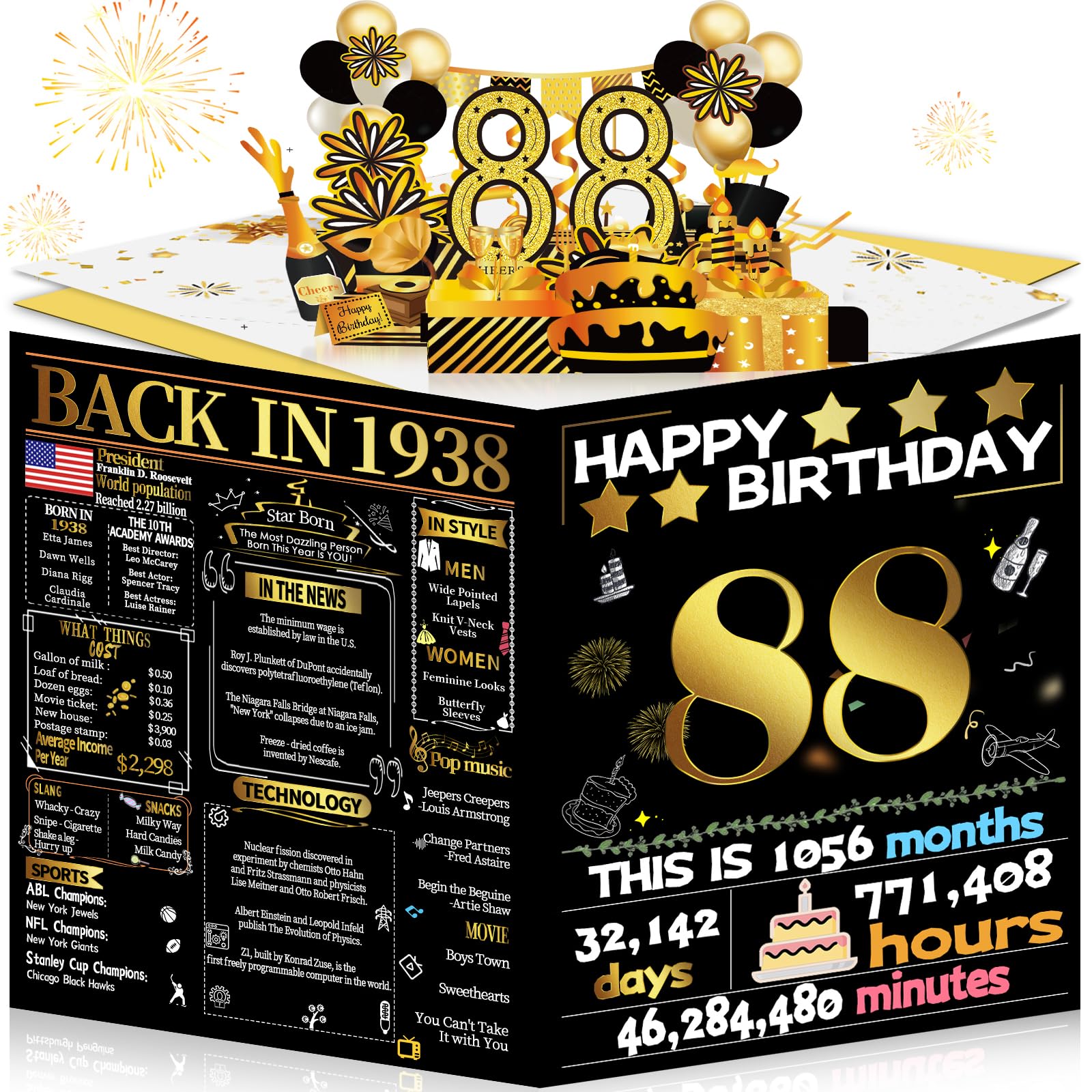 Joycard 88th Birthday Card for Women Men, 3D Pop Up Happy Birthday Gift for Grandpa Grandma, Funny 88 Year Old Birthday Decorations for Mother Dad, Back in 1938 Laser Gold Retro Theme