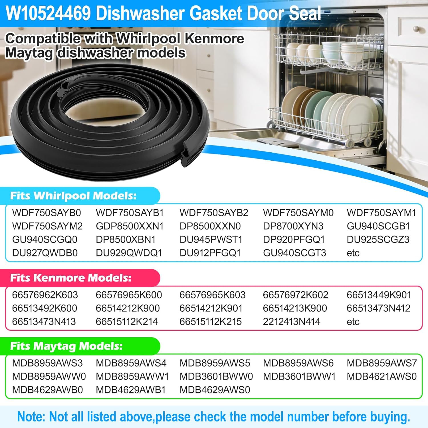 UPGRADED W10524469 WPW10524469 W11725437 W11498831 Dishwasher Gasket Door Seal Compatible with Whirlpool Kenmore Dishwasher 665 Parts W11425053 W11683628 AP8054676 PS18355438 WDF780SLYM2 Tub Gasket