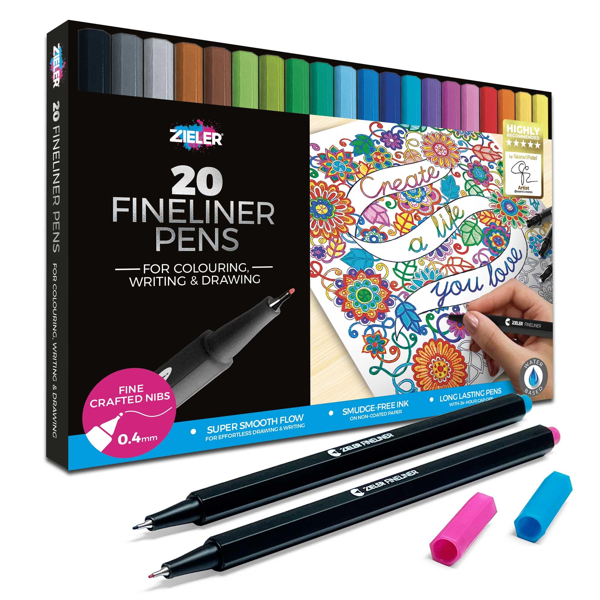 Zieler 20 Colour Fineliner Pens (0.4mm) | For Colouring, Writing & Drawing | Smooth, High Precision & Smudge-Free