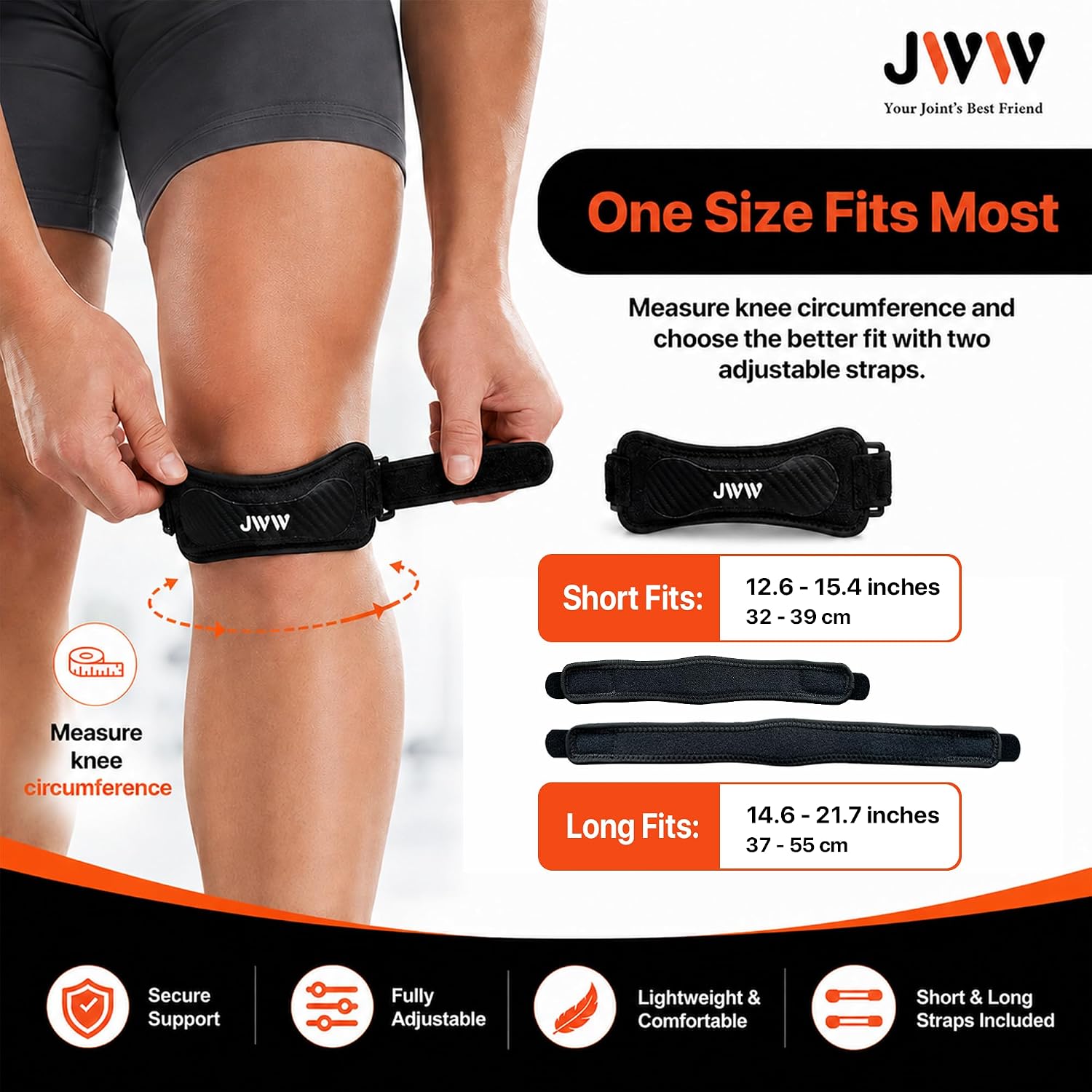 JWW Patella Tendon Knee Strap, Lightweight Support for Running & Gym | Targeted below-kneecap compression, short & long straps, breathable low-profile fit for sports and daily wear
