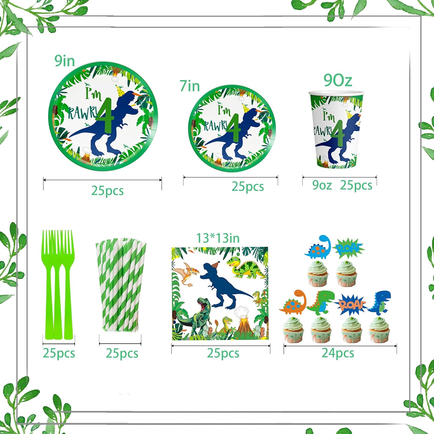 Dinosaur 4th Decorations Boy for Boy Roar Im Four Birthday Party Tableware Set include Straws Glitter Banner Plates Napkins Cups Tablecloth for 4 Year Old Dino Birthday Supplies, Serves 25