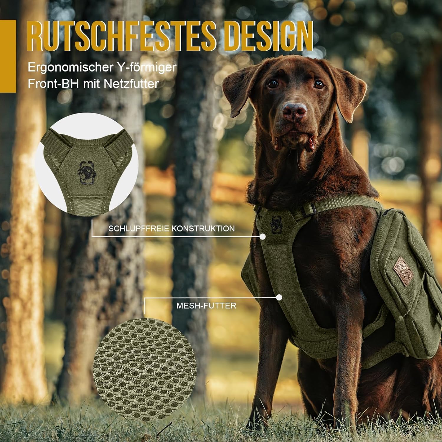 OneTigris Hundegeschirr mit Tasche, Hoppy Camper 3.0 Camping Wandern Hunderucksack für für Mittlere/Große Hunde, Rucksack für Hunderücken 2 Haupttaschen 4 Nebentaschen - Grün M