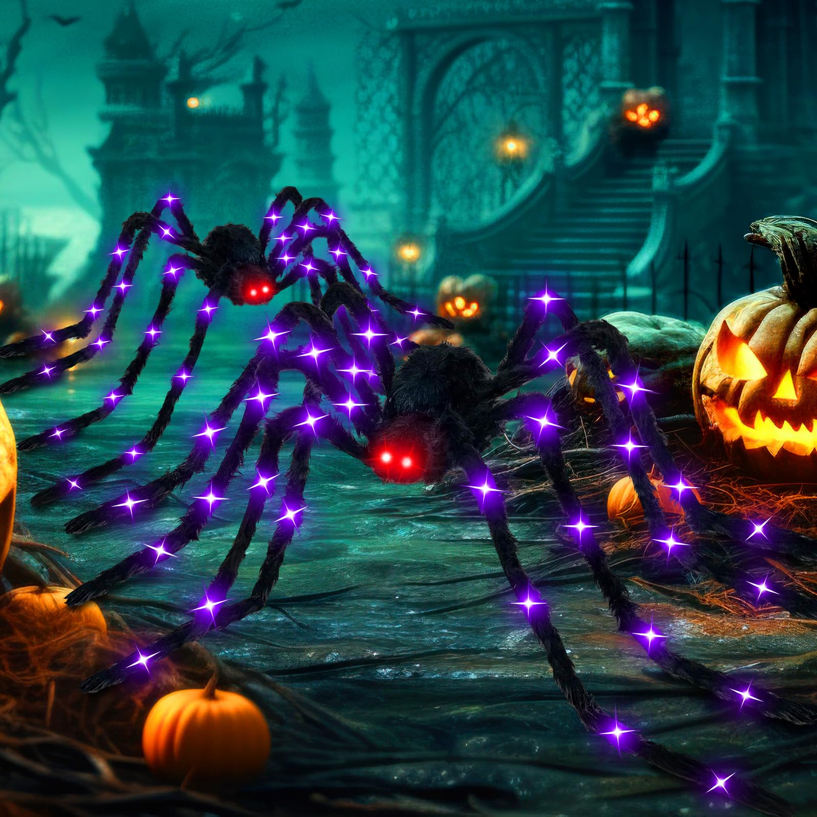 Vinsot Paquete de 2 arañas gigantes grandes de Halloween de 6.6 pies para decoración al aire libre, accesorios de araña negra iluminados para Halloween, interiores y exteriores, decoración