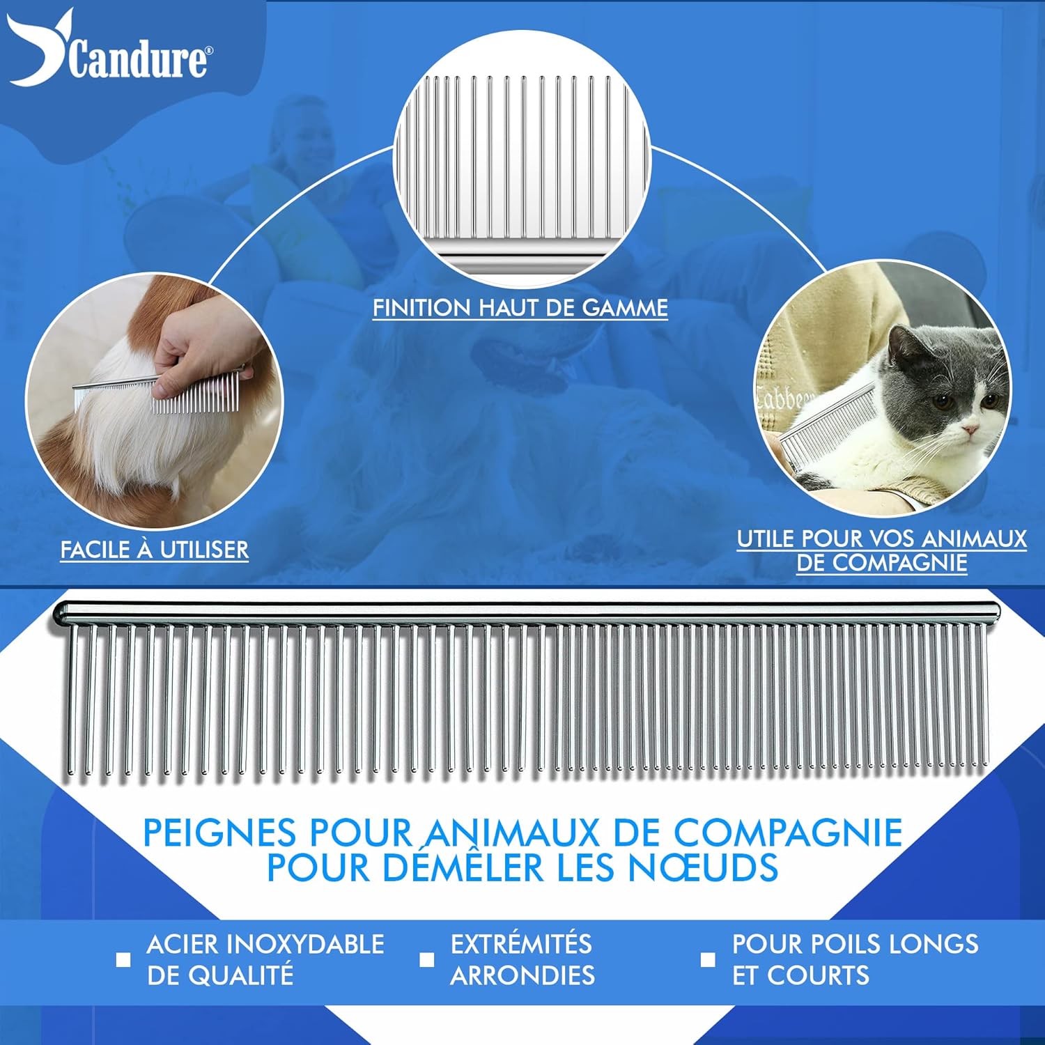 Candure Brosse Chien et Chat Professionnelle 2-en-1, Râteau Démêlant Double Face 17+9 Dents, Acier Inoxydable, Pour Poils Mi-longs à Longs, Élimine Nœuds et Sous-poil - Image détaillée