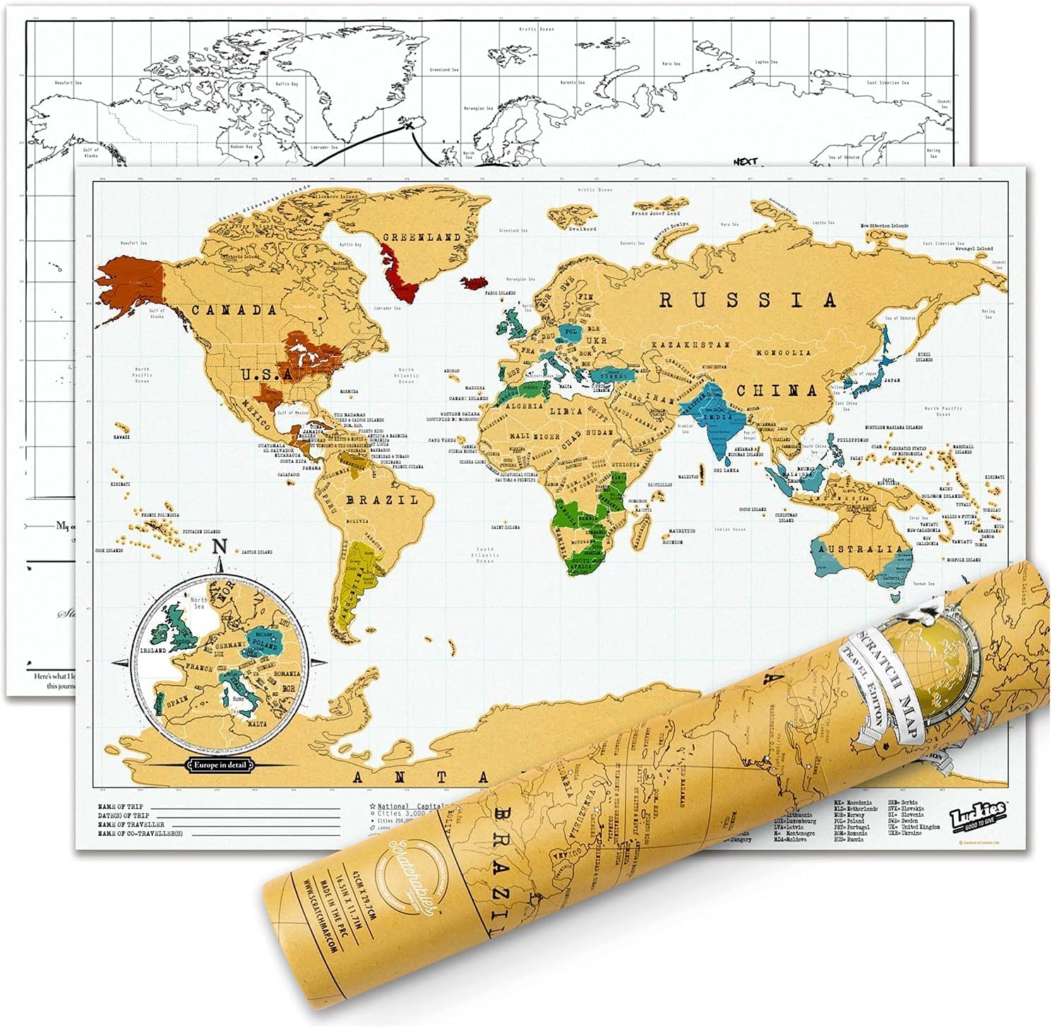 Luckies Scratch Map - Scratch Off World Map - World Travel Maps Frame - Countries Visited Maps - Scratchable Poster with Tube - Detailed Europe & US States Poster - Scratchable Wall Pin Board - Regular