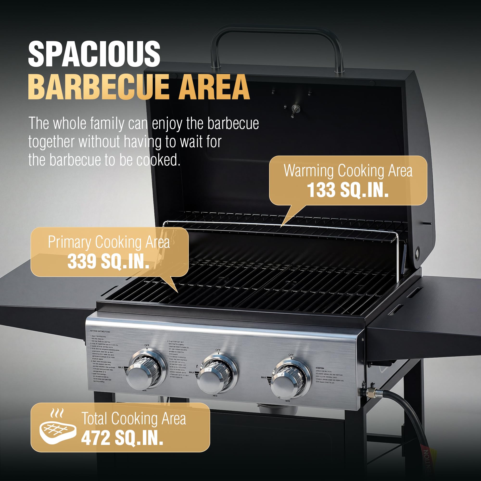MASTER COOK Grill gazowy z 3 palnikami, stal nierdzewna, 30 000 BTU, patio, ogród, grill z dwiema składanymi półkami