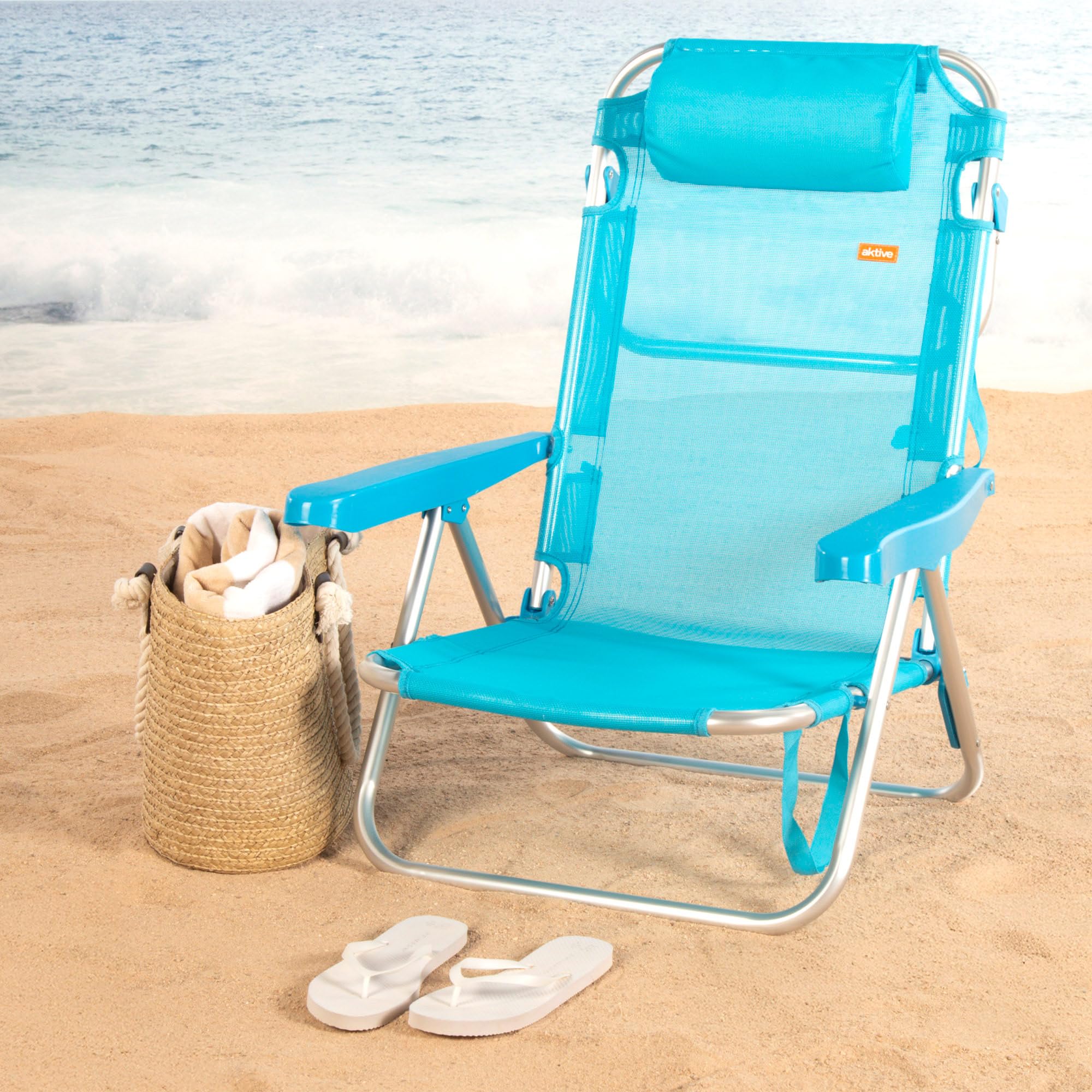 AKTIVE Silla de Playa Plegable, Multiposición, 5 Posiciones, Textileno y Aluminio, Azul, 48x46x84 cm, 110 kg, Respaldo Alto Acolchado