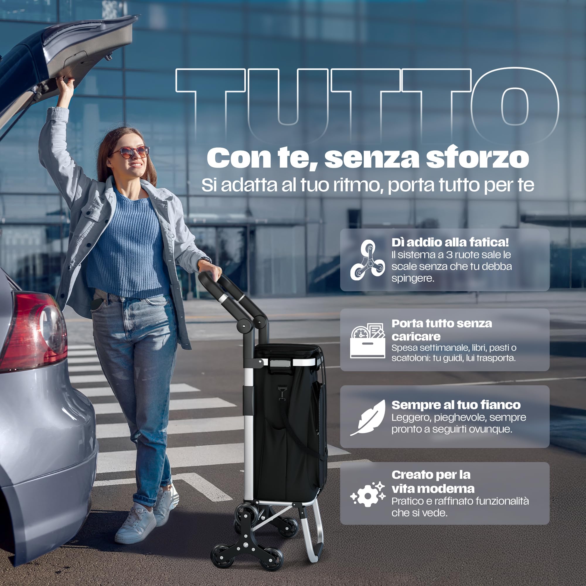Carrello Spesa 3 Ruote Scale Pieghevole Impermeabile 40kg – Leggero, Resistente, Manico Regolabile - Carrello Portaspesa Termico Per Mercato Trolley Spesa Con Ruote, Carrello Per La Spesa Con Ruote