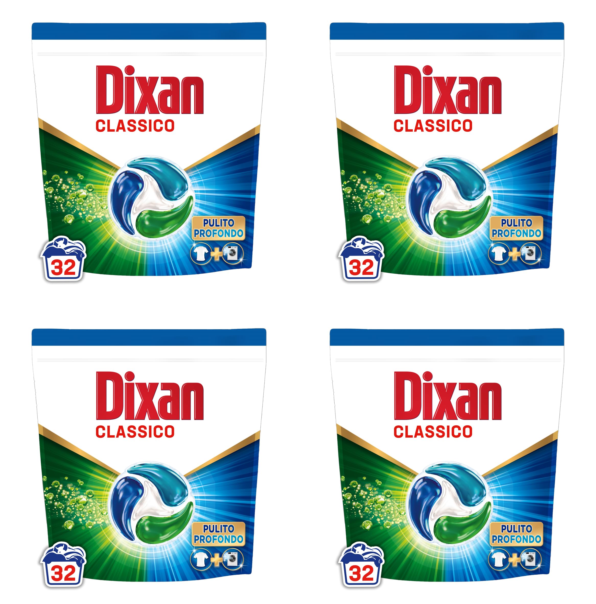 Dixan DISCS 4in1 Classico Detersivo Lavatrice (32 Lavaggi), Capsule lavatrice per una pulizia profonda del bucato e freschezza igienica per la lavatrice, Rimuove le macchie da 20°C