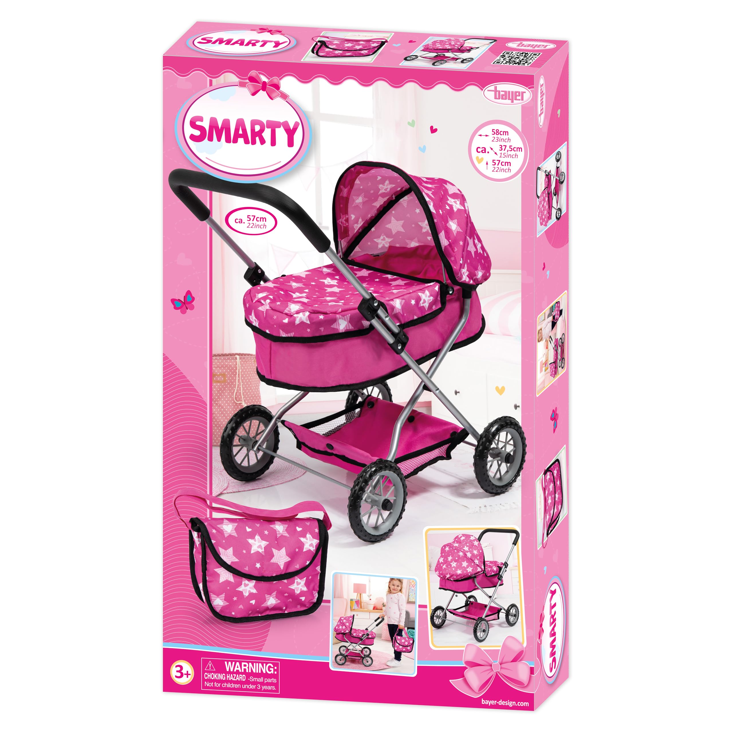 Bayer Design Smarty Carrozzina per bambole con borsa e cestino integrato | Carrozzina per bambole con borsa E cestino integrato, carrozzina pieghevole