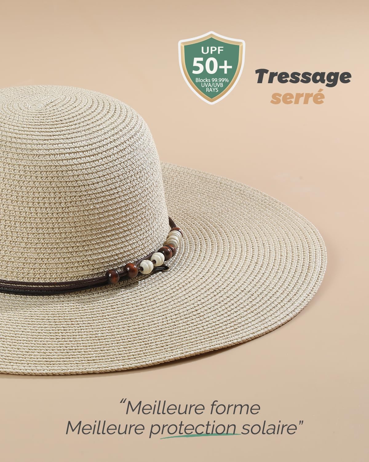 Creekstone Chapeau de Paille Soleil pour Femme à Large Bord UPF 50 Protection Solaire Pliable Chapeau Souple de Plage d'été avec Cordon Coupe-Vent