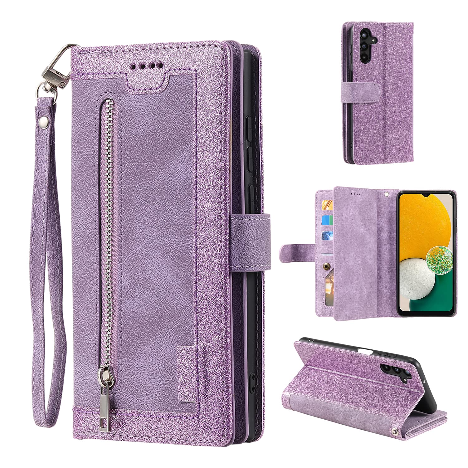 EYZUTAK Wallet Phone Case for Samsung Galaxy A16 4G/5G, Retro Matte 9 Card Holder Slots Zipper Pocket Handbag Case PU Leather Magnetic Closure Kickstand with Wrist Strap Flip Folio Purse Cover -Purple