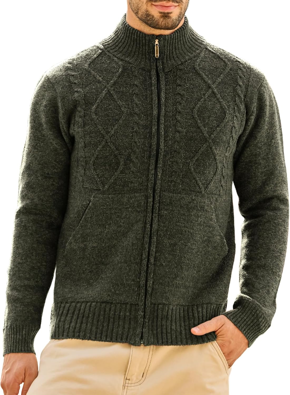 Les umes Mens Knitted Full Zipper Cardigan Fleece Lined Sweater Warm Stand Collar Jumper Coat with Pockets