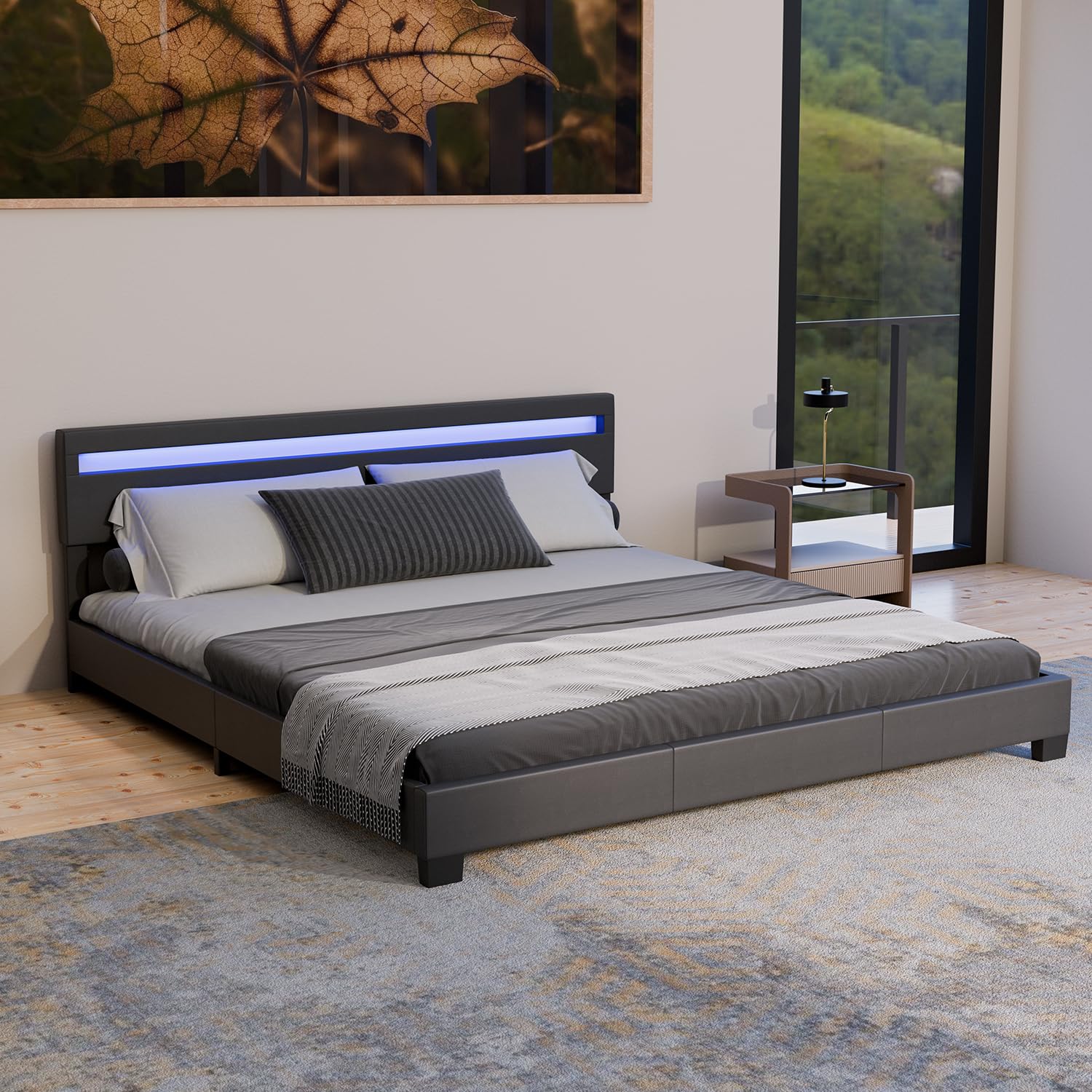 Juskys Polsterbett 180x200 cm – Bett Paris mit LED Beleuchtung, Lattenrost & Kopfteil, modernes Doppelbett aus Kunstleder & Holz – Schwarz