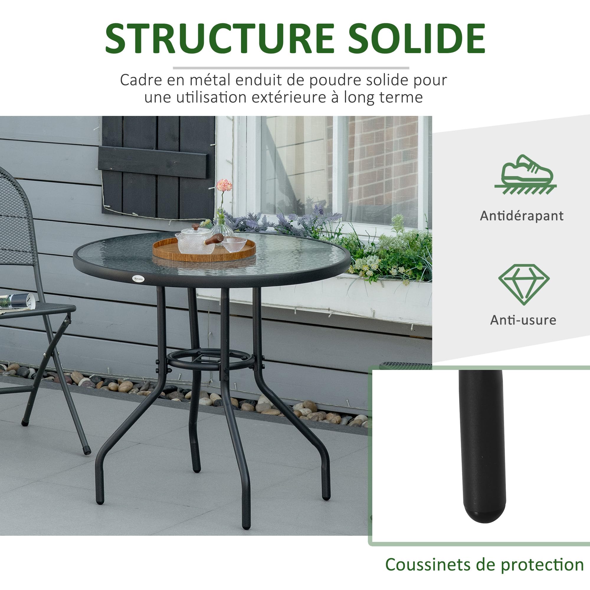 Outsunny Table à Manger de Jardin, avec Trou de Parasol, Table extérieure Ronde avec Plateau en Verre trempé, pour Jardin, Patio, terrasse, Ø 80 x 72 cm, Noir