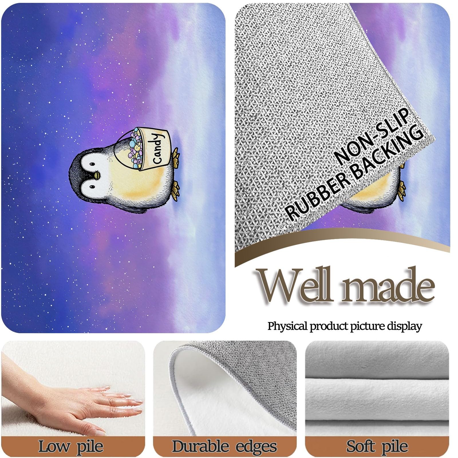Alfombra lavable con diseño de animales de dibujos animados, diseño de pingüino, 120 x 170 cm, suave, antideslizante, lavable, fácil de limpiar, para habitación de los niños, cocina