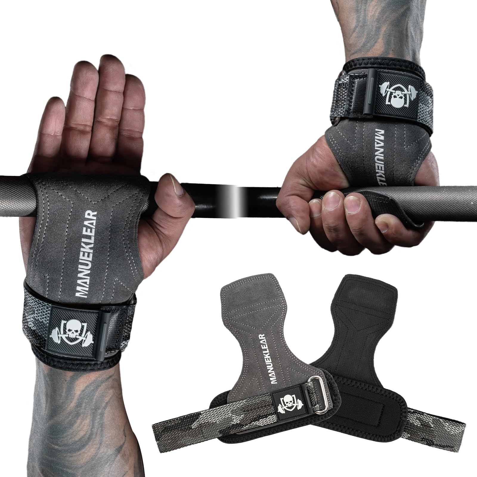 MANUEKLEAR Gym Straps Weight Lifting, Double Leather Lifting Straps for Men Deadlift with Cushion Wrist Loop, Gym Lifting Wrist Wraps for Weightlifting