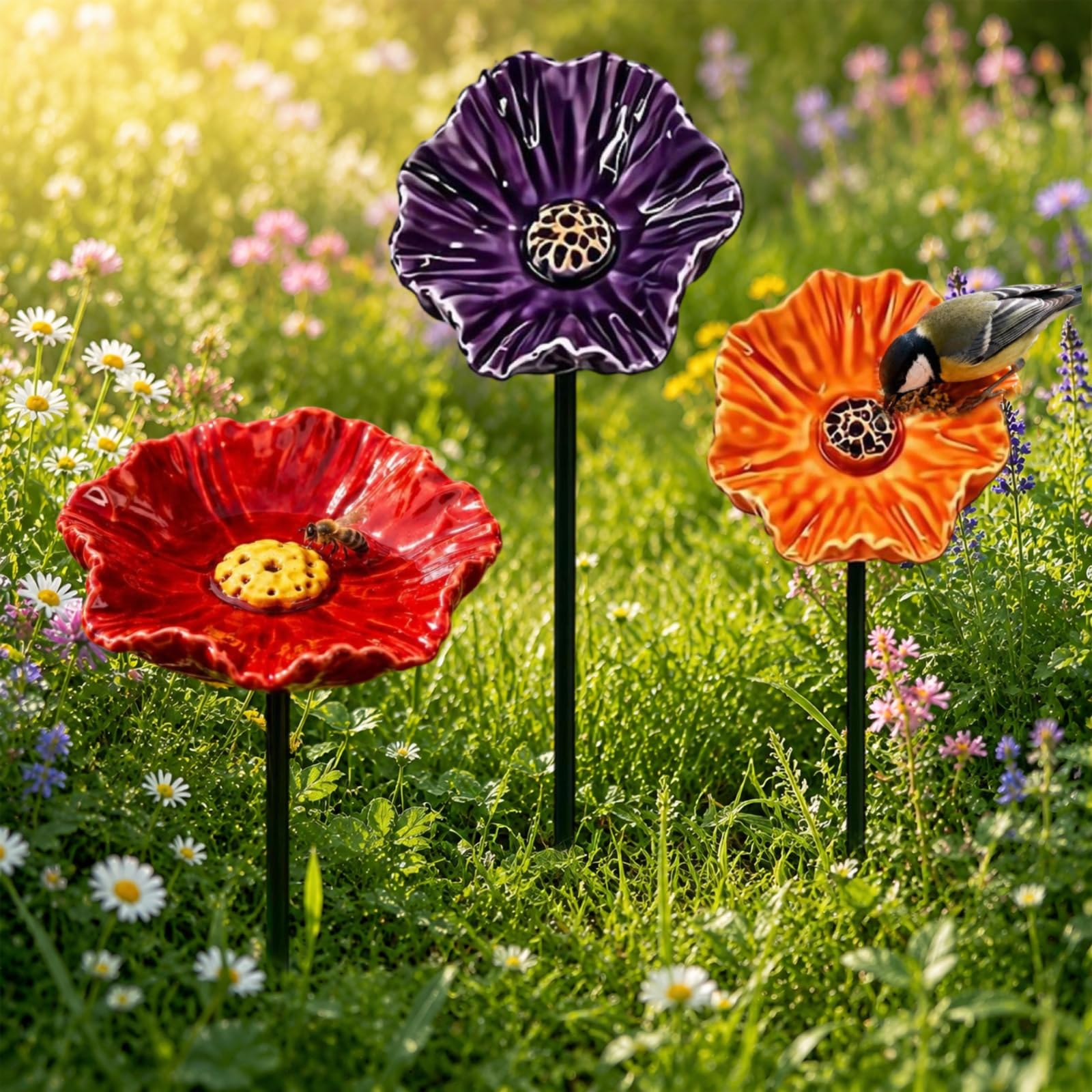 Ceramic Bee Watering Station for Garden, 3PCS Bee Blossoms for Water Ceramic Fowers for Bees, Pollinator Water Drinking Station Bowl, Rain Catcher Mini Bird Baths On Stakes, Bath Feeder Decor