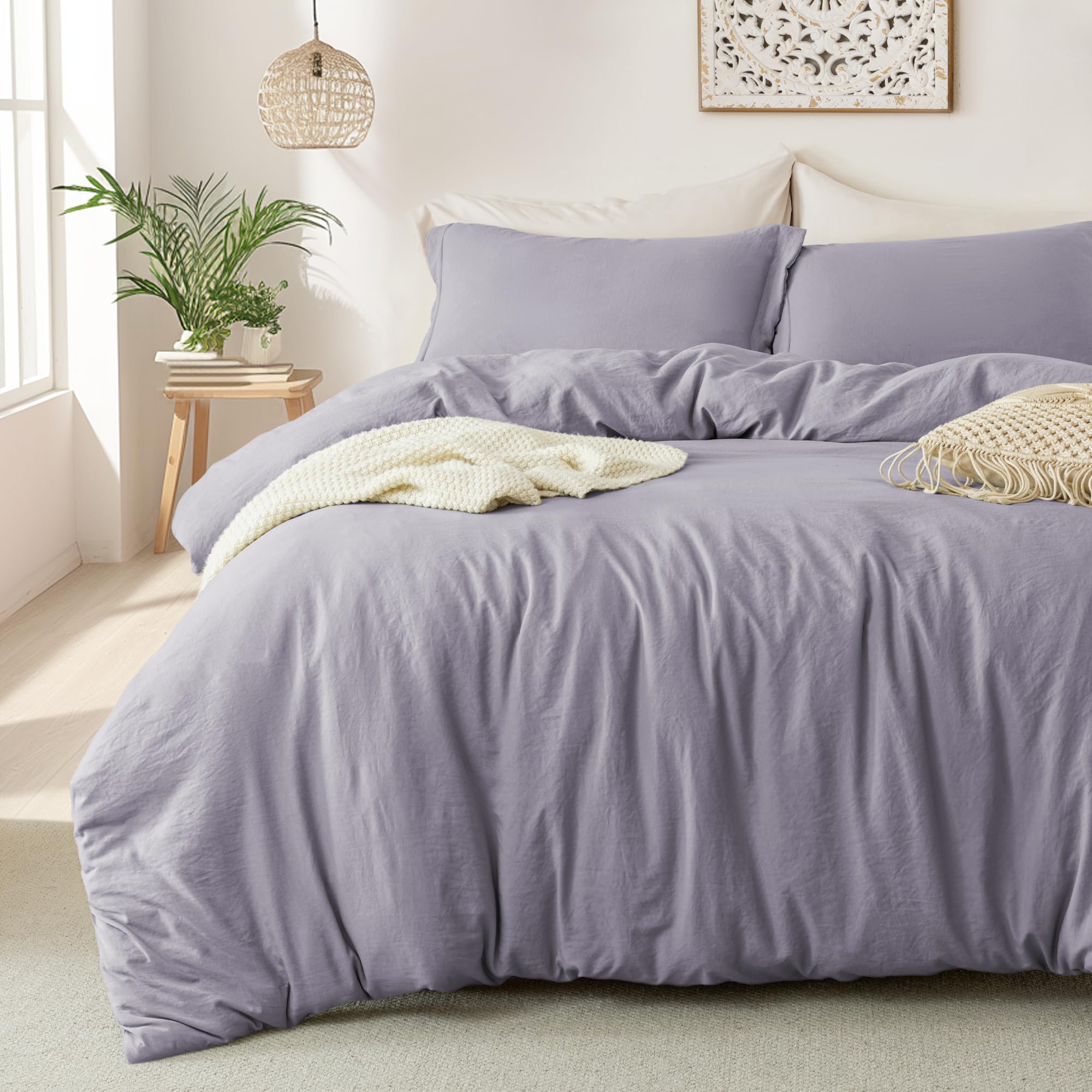 MILDLY Super Soft Duvet Cover - 100% Washed Microfiber Grayish Lavender Comforter Cover Set 3 Pieces with Zipper Closure & Corner Ties (No Comforter)