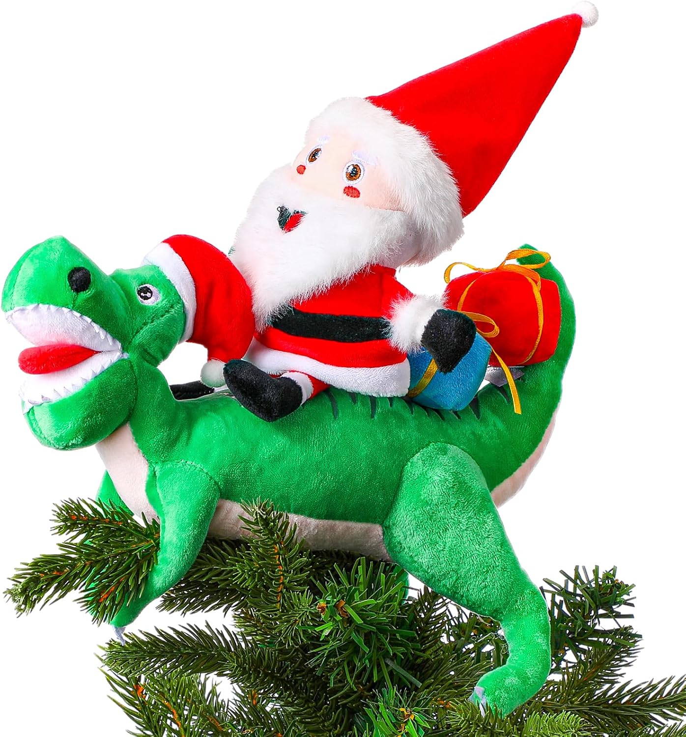 Meooeck Christmas Dinosaur Plush Tree Topper Santa Riding Dinosaur Hanging Tree Ornament for Kids 10 Inch Large Funny Christmas Topper Decor Curtain Tie Wine Bottle Decor for Holiday Party Favors