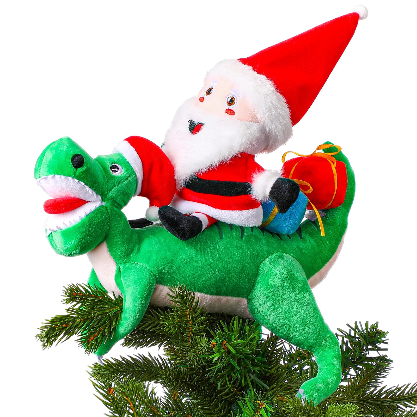 Meooeck Christmas Dinosaur Plush Tree Topper Santa Riding Dinosaur Hanging Tree Ornament for Kids 10 Inch Large Funny Christmas Topper Decor Curtain Tie Wine Bottle Decor for Holiday Party Favors