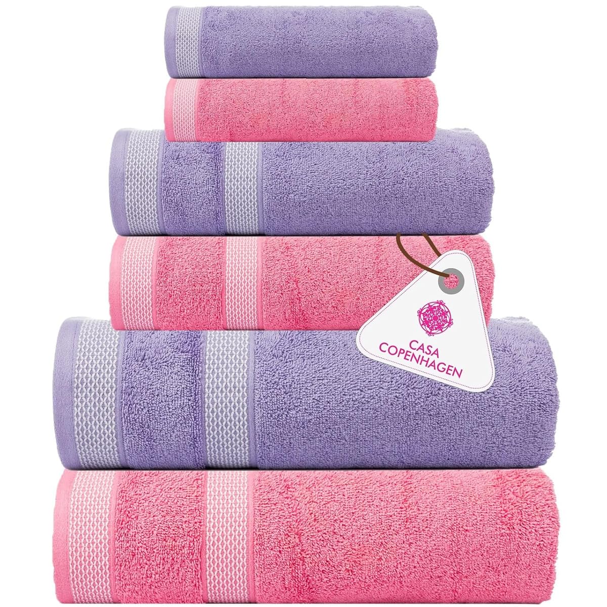 Casa Copenhagen Juego de 6 Toallas de baño 600 gsm, Rosa púrpura-Rosa | Solitaire Mix 100% algodón egipcio puro para baño, cocina y ducha 2toallas baño, 2de mano, 2paños (set regalo mujer y hombre)