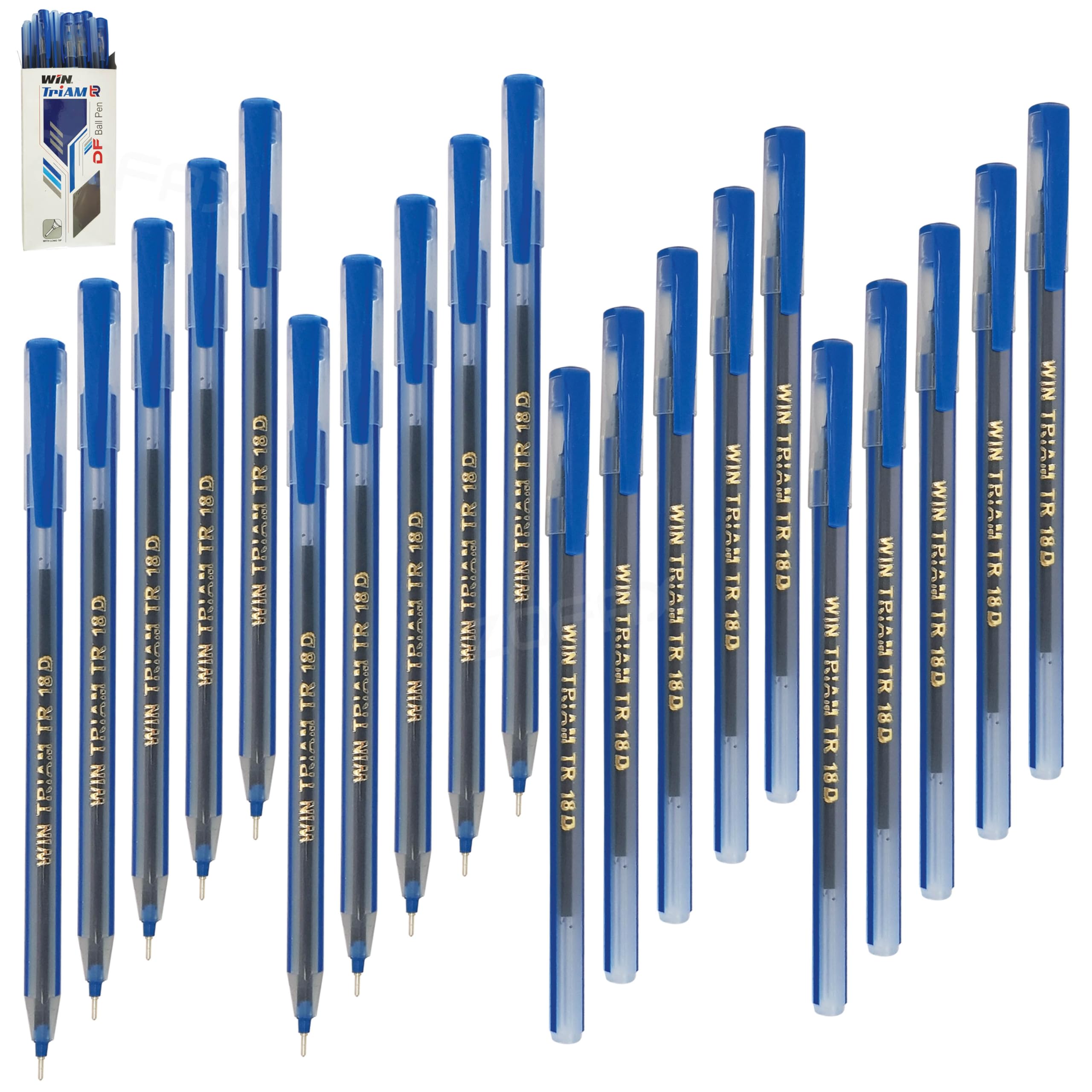 TriAM DF Ballpoint Pens, BLUE, Fine Point (0.7mm), Pack of 20, Smooth Fine Ball Pens, Trio Grip