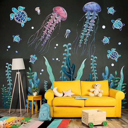 Miniatura 6 de 3 hojas de calcomanías de pared de medusas, peces y tortugas marinas, calcomanías de pared de algas marinas, vinilo extraíble bajo el mar,