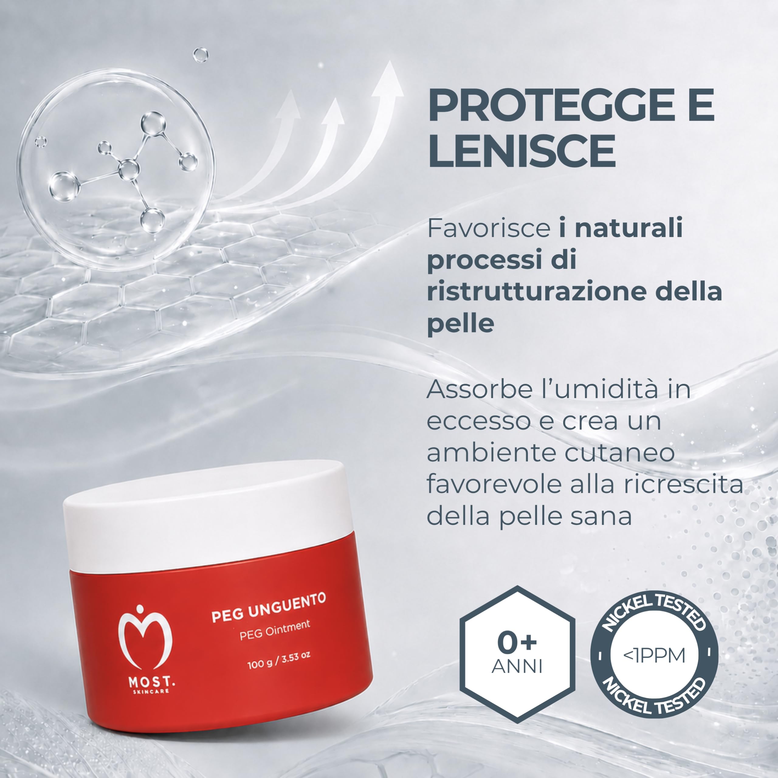 MOST - PEG Unguento Viso e Corpo Bambini e Adulti Lenitivo e Protettivo, Diminuisce Rossori e Stimola Processi di Riparazione Cutanea in Ragadi, Scottature Lievi, Cicatrici, Dermatite Atopica, 100 ml