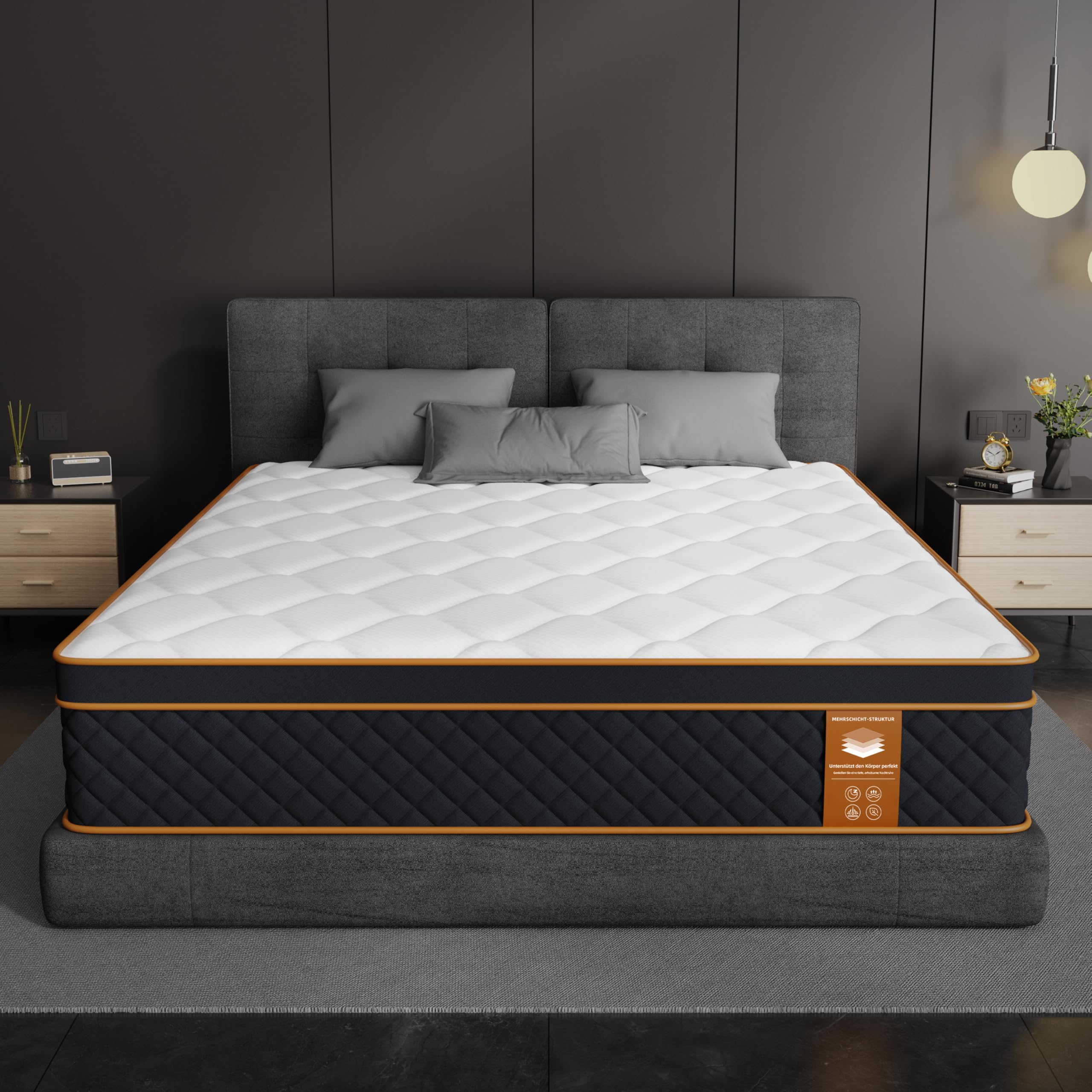 Matratze 140x200 cm Höhe 25cm, 7-Zonen Federkernmatratze, Härtegrad H3, Orthopädische & Ergonomische Federkernmatratze mit Memory-Schaum Schicht, Rückenentlastende