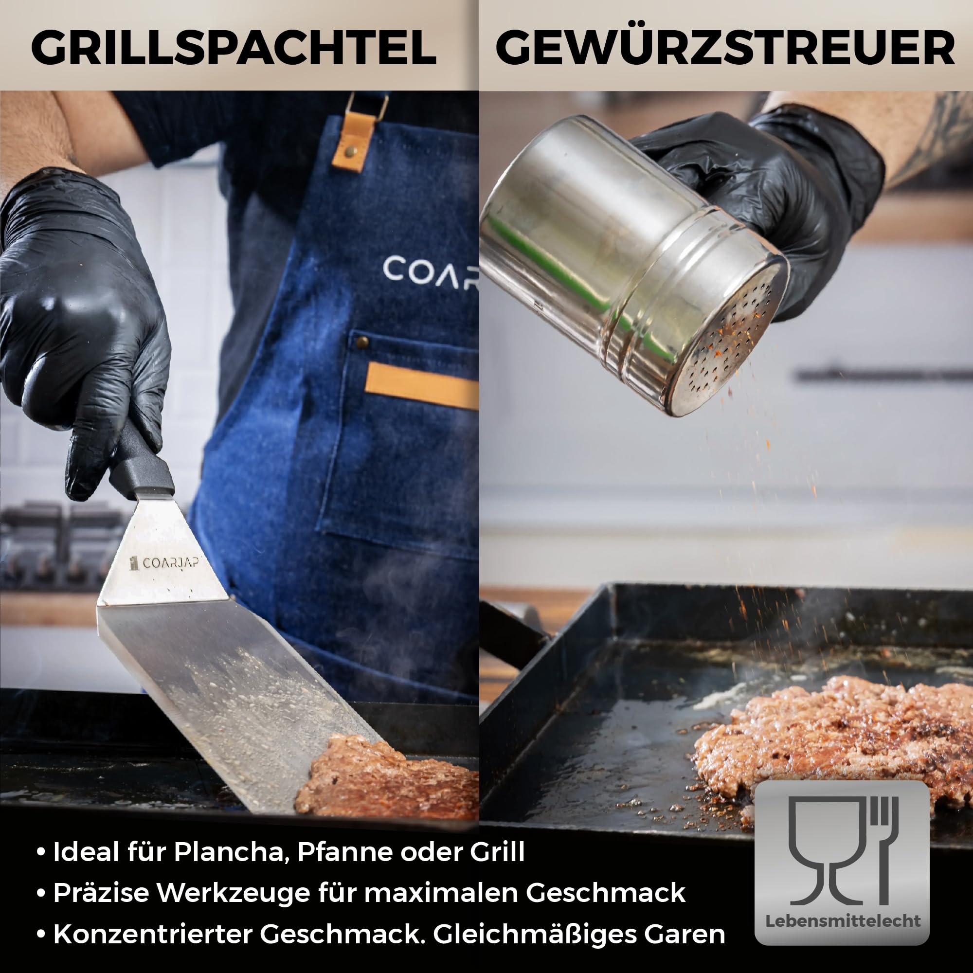 Smash Burger Set – Inklusive 1 Smash Burgerpresse, 1 Grillspachtel, 2 Burgerglocke und 1 Gewürzstreuer – EU-Zertifiziert für Lebensmittelkontakt