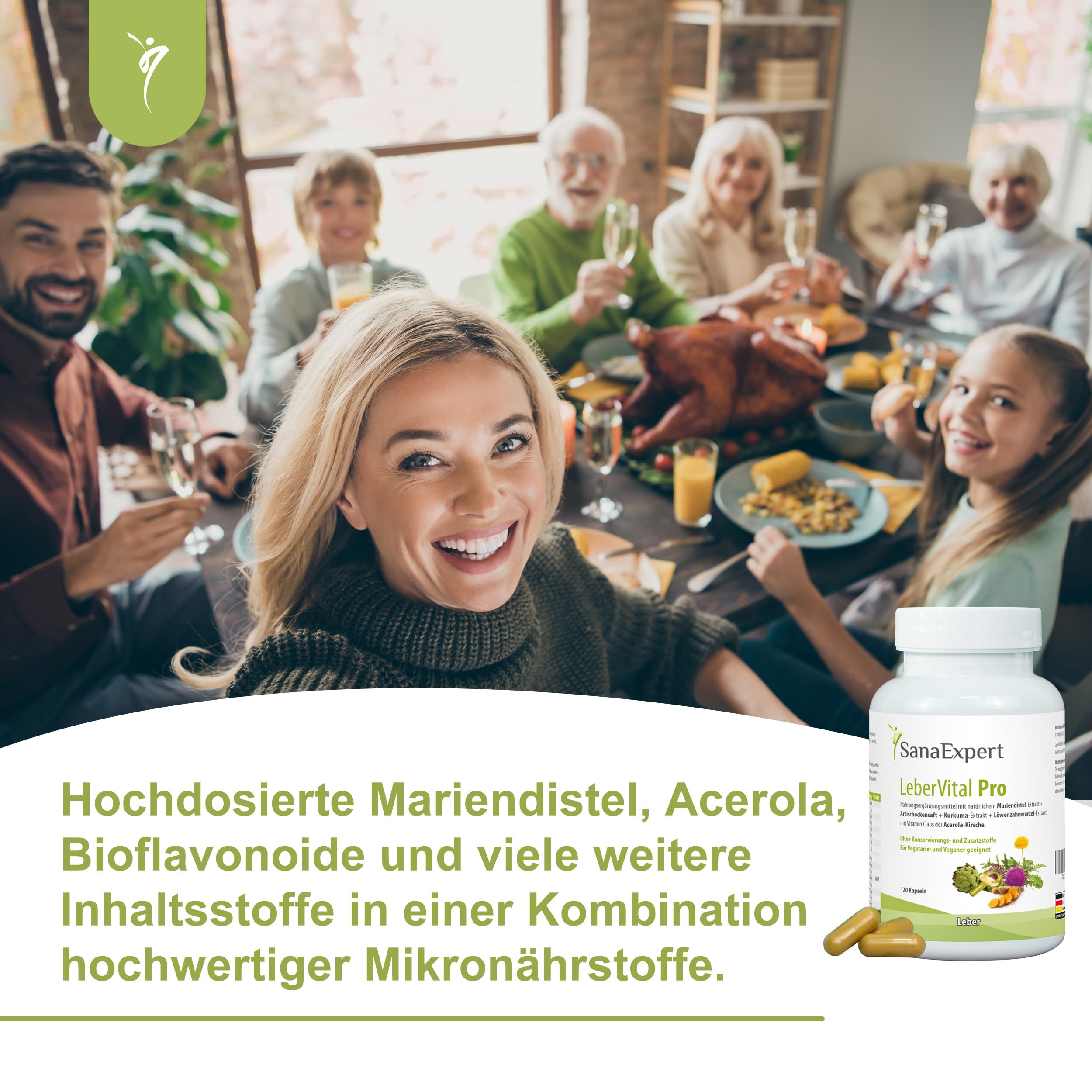 SanaExpert® LeberVital Pro – Pflanzlicher Leberkomplex mit Mariendistel, Artischockenextrakt, Kurkuma, Löwenzahn & Acerola Vitamin C – 120 Kapseln für Leberreinigung & Entgiftung, Made in Germany