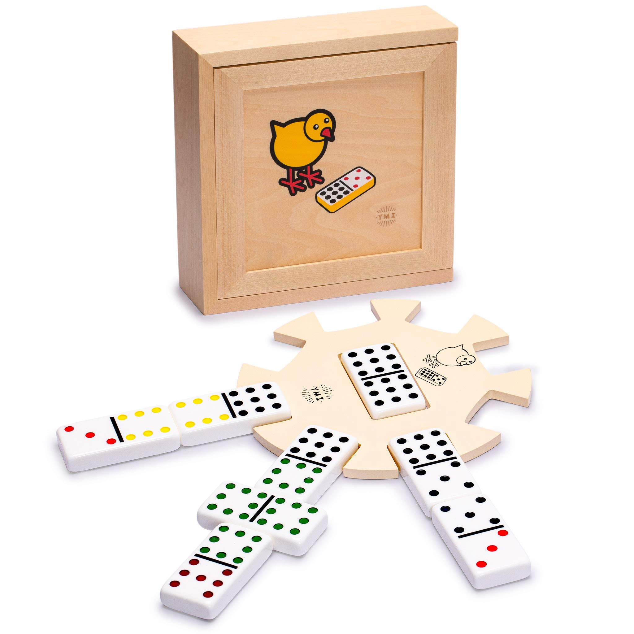 Yellow Mountain Imports Chicken Foot Complete Game Set with Double 9 Dominoes, Wooden Case, Hub, and Scorepad