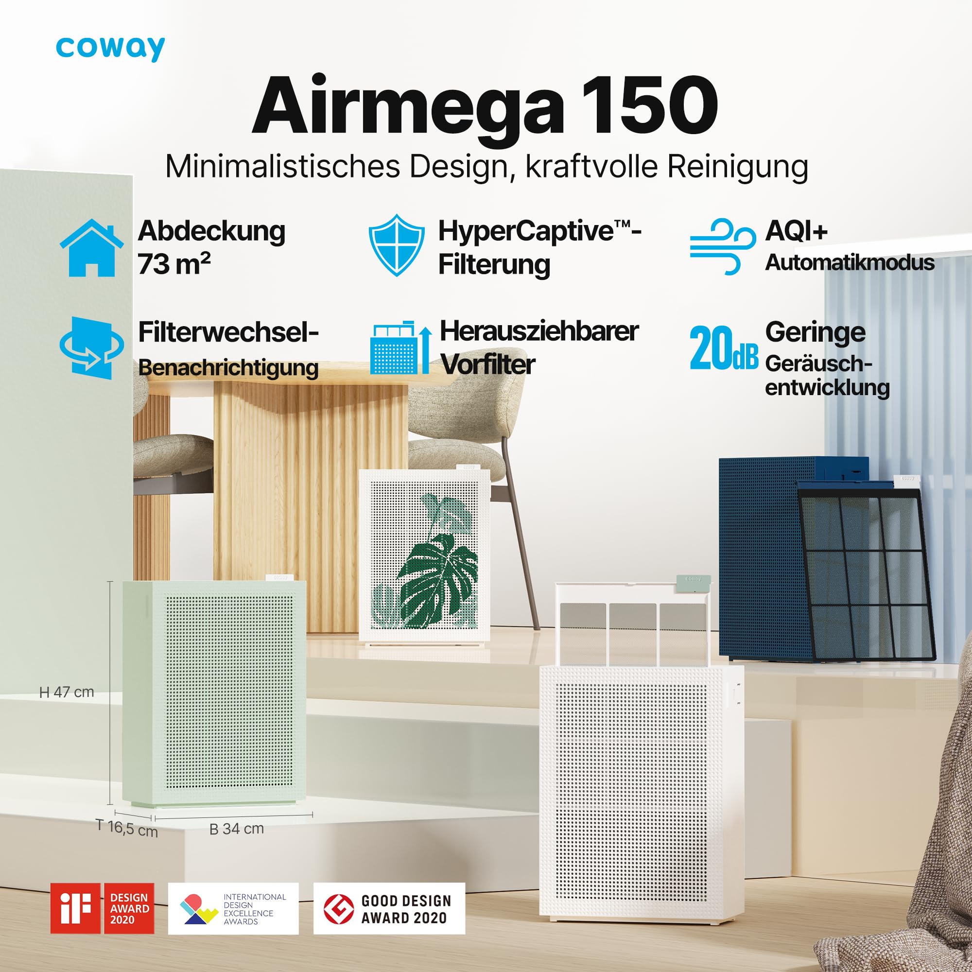 COWAY Luftreiniger Allergiker Zuhause Schlafzimmer air purifier, ECARF und Quiet Mark, Sleep Mode 20 dB, Vorfilter oben entnehmbar und waschbar, Allergie Rauch Pollen Haustiere, Airmega 150, Weiß