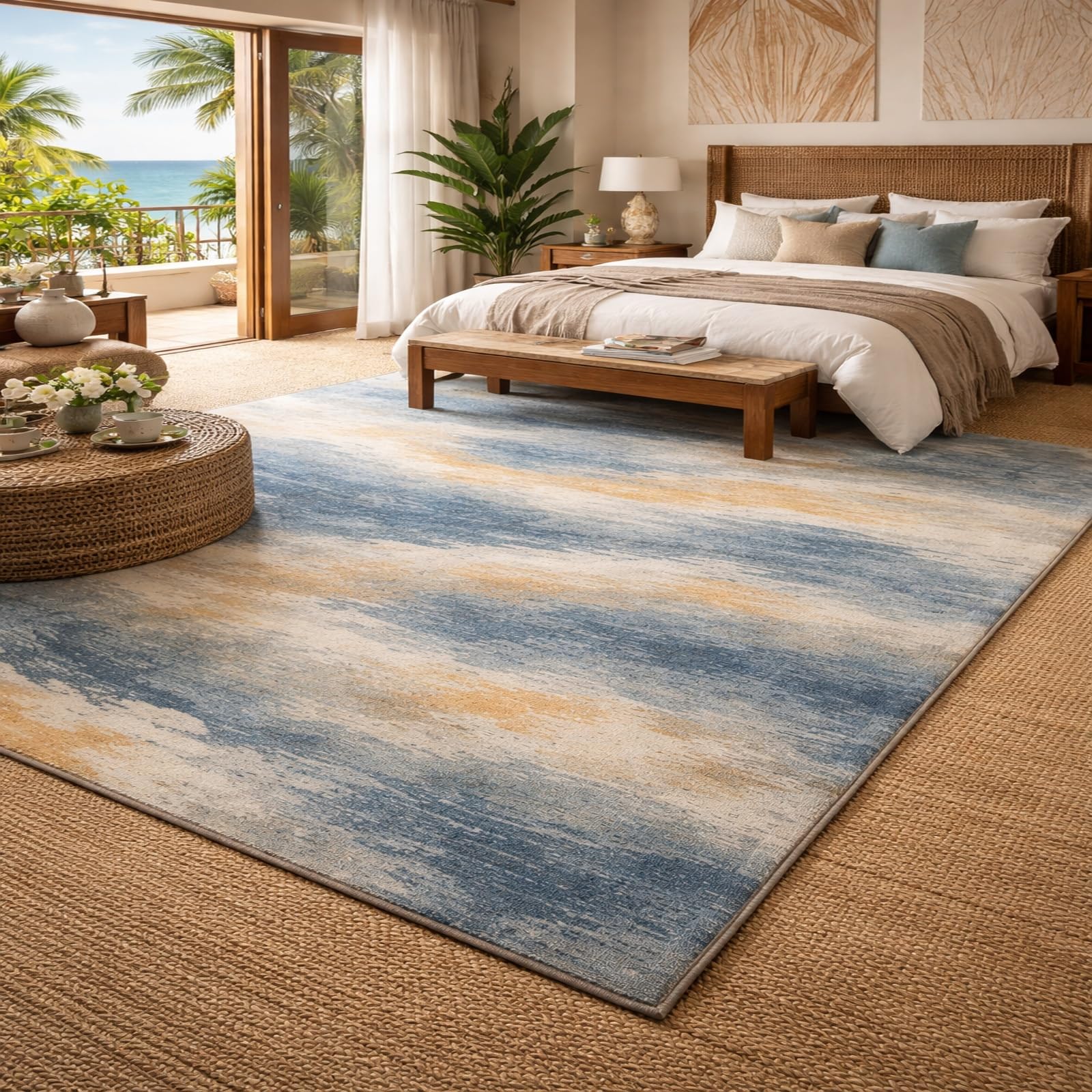 Tapis salon rectangulaire moderne bleu, gris et moutarde doux 150 x 210 cm