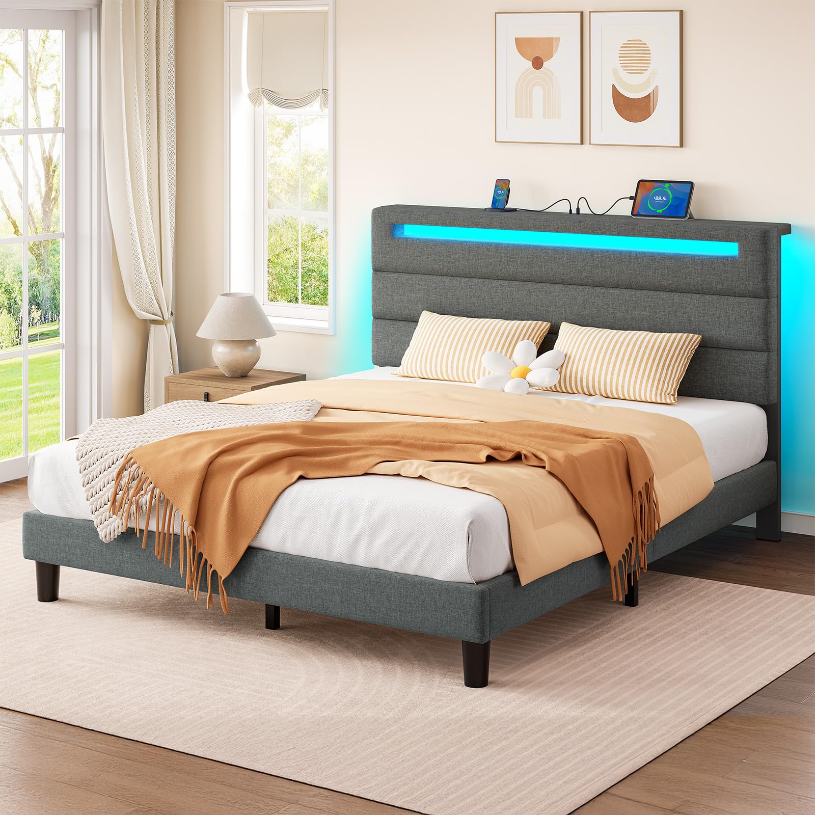 Rolanstar Queen Size Bed Frame, Storage Headboard with Charging Station and LED Lights, Upholstered Bed with Heavy Duty Wood Slats, No Box Spring Needed, Noise Free, Easy Assembly, Grey