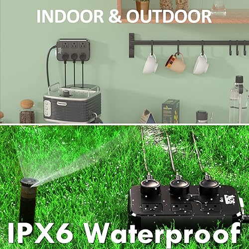 Miniatura 6 de Regleta de alimentación IPX6 para exteriores resistente a la intemperie, protector de sobretensiones impermeable con 6 salidas anchas con 3 puertos
