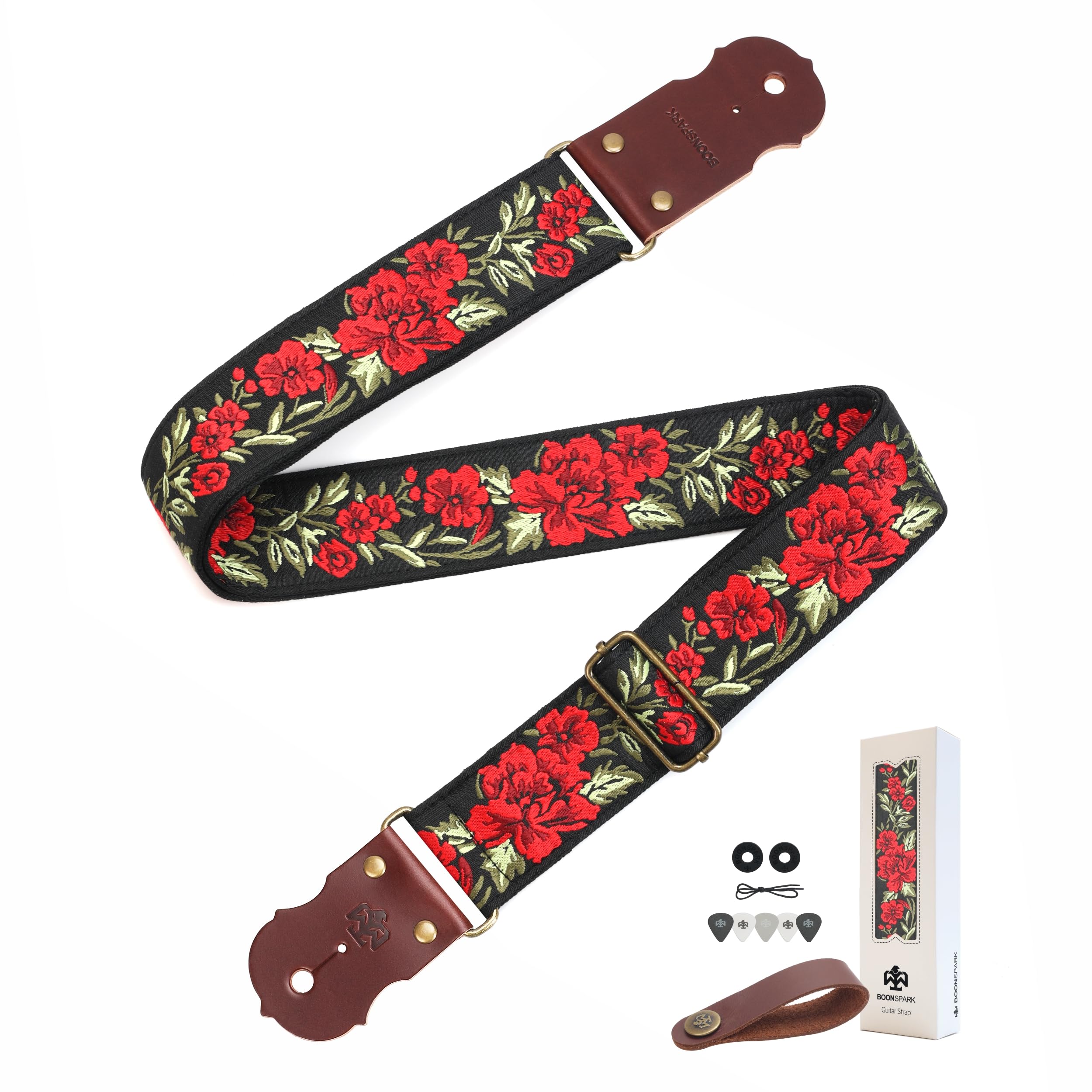 Guitar Strap, Jacquard Embroidery Guitar Straps with Top Real Cowhide Ends Guitar Straps for Electric,Bass and Acoustic Guitars(Red Rose)