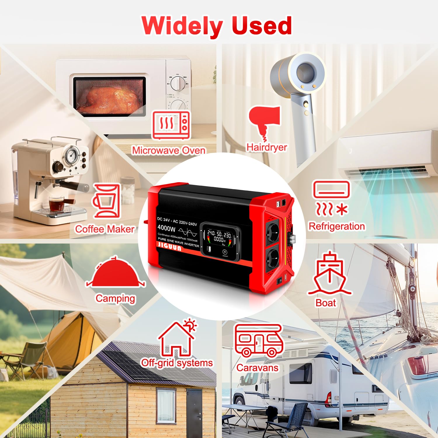 JIGUUN Konwerter 1500 W 12 V na 230 V z czystym sinusoidalnym pilotem zdalnego sterowania Wyświetlacz LCD 2 gniazdko UE i 1 port USB Moc szczytowa 3000 W do samochodu, na kemping, w podróży, w nagłych