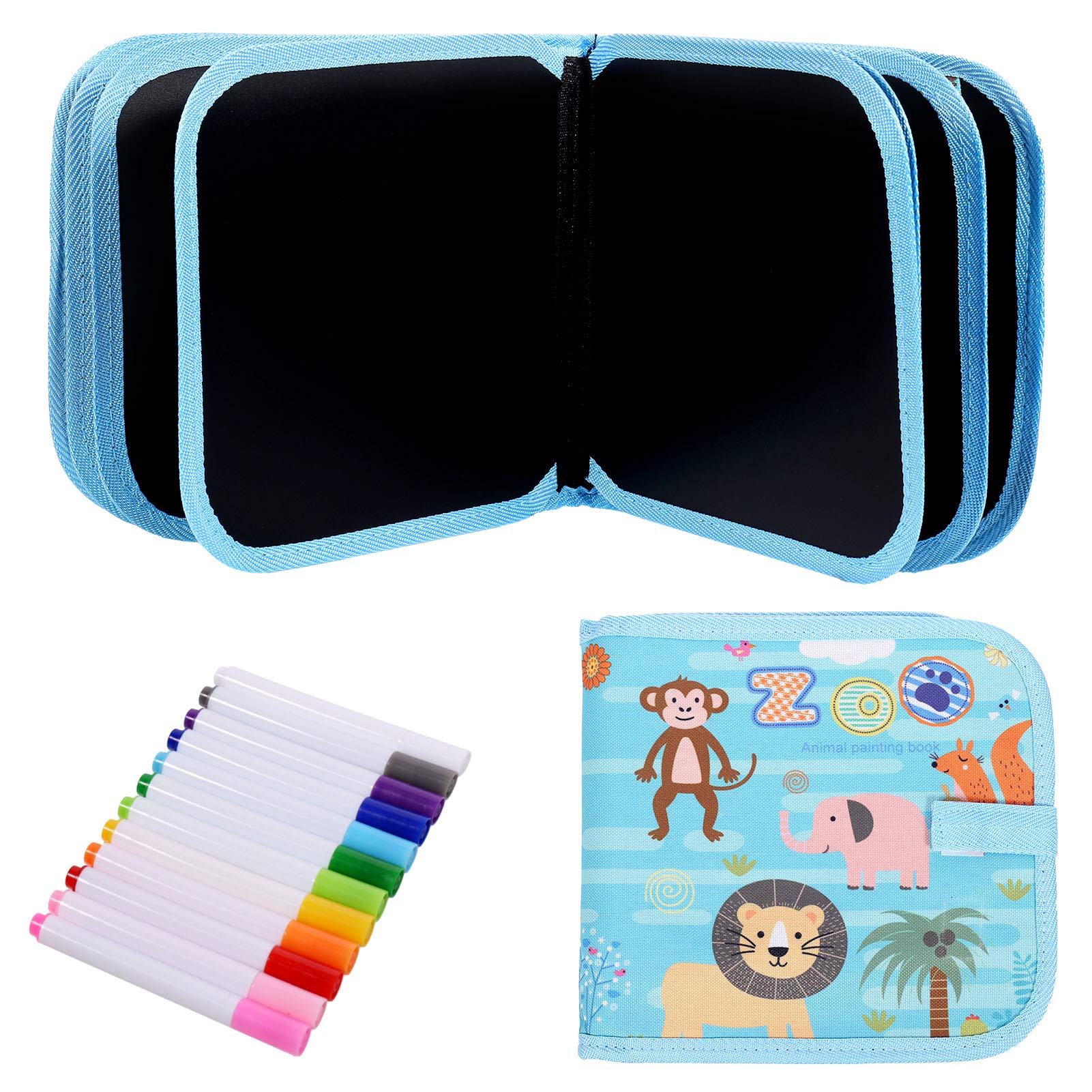 Vellora Animal Zoo Design Wipe Clean Colouring Book for Kids, Portable Graffiti Drawing Board, Travel Games Doodle Pad with 12 Colouring Pencils, 14 Pages for 3 4 5 6 7 8 Year Old Boys Girls Gift